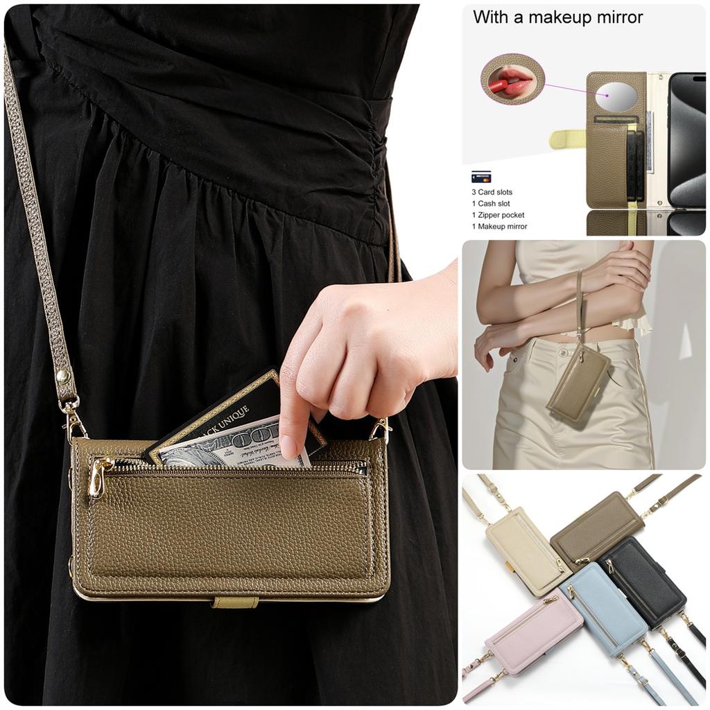 Skórzane etui na telefon dla serii Samsung Galaxy S23-S25 / serii A14-A56 z kieszonką na monety, przegródką na karty, lusterkiem i podstawką – wiele kolorów