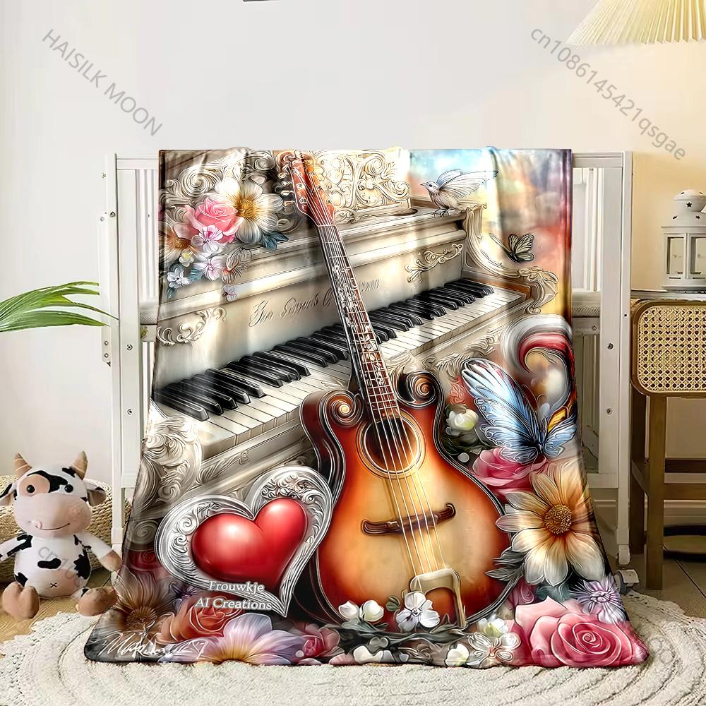 

1PC Flowers with guitar and piano Print Adult Children Warm Blankets Home Travel Car Soft Comfortable Suitable for all seasons 75x90cm