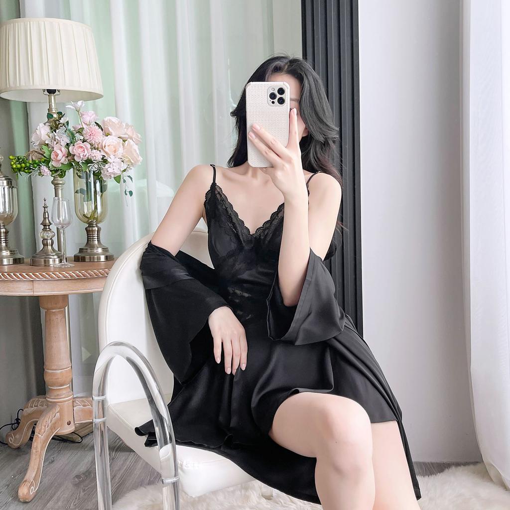 Hollow French lace suspender nightdress two-piece set ice silk silk loungewear outer morning robe support