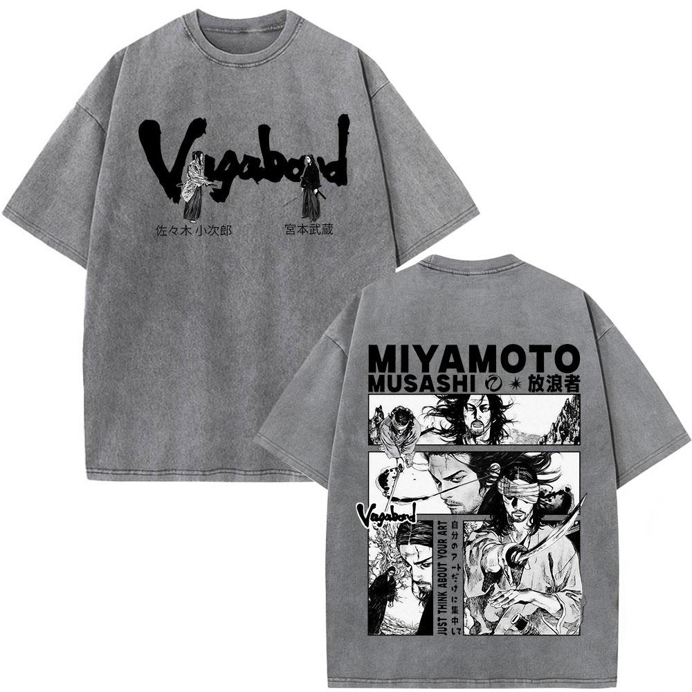 Anime Vagabond Miyamoto Musashi Vintage Washed Tshirts Men Women Clothing Fashion Casual Short Sleeve Oversized ONeck T Shirts