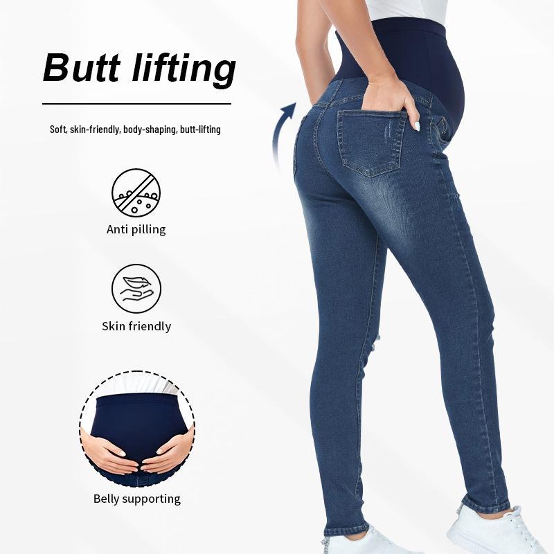 High-Waist Skinny Maternity Jeans with Belly Support and Booty Lift, Elastic Slimming Design for Autumn and Winter