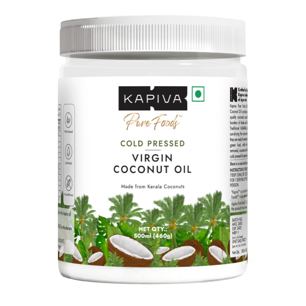 

Kapiva Virgin Cold-Pressed Coconut Oil 500ml Pack of 1 | Pure Organic Edible Oil for Cooking Skin Hair Care
