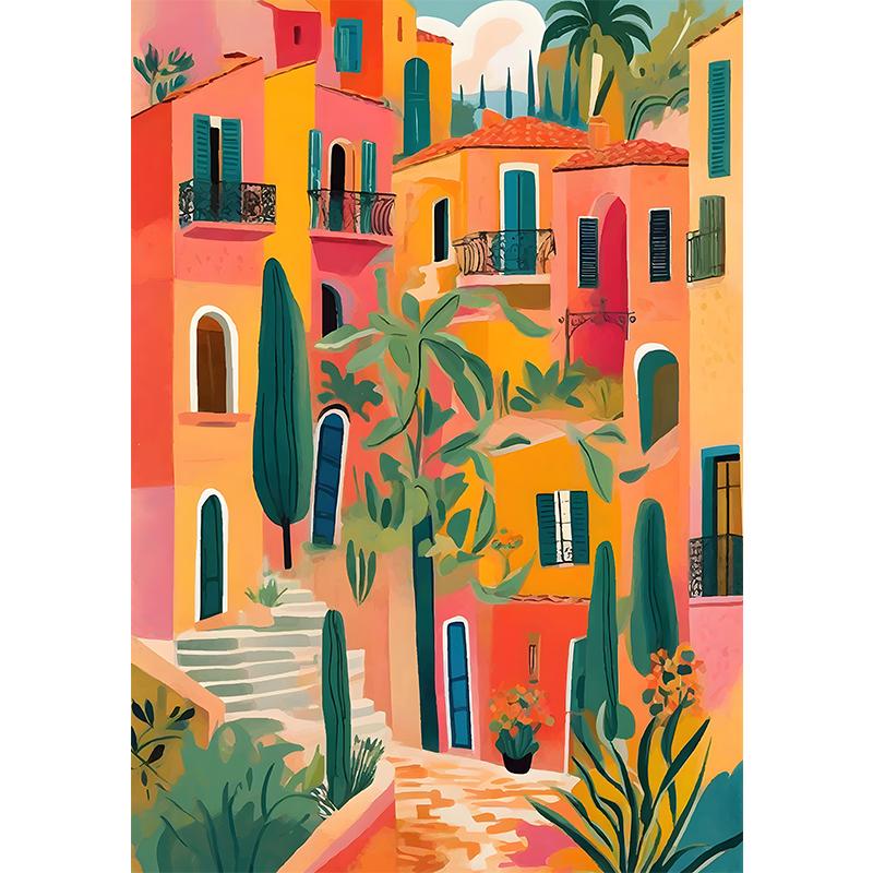 Vibrant Mexican Building Poster Colorful Floral Botanical Landscape Canvas Prints Painting Wall Art for Home Room Decor