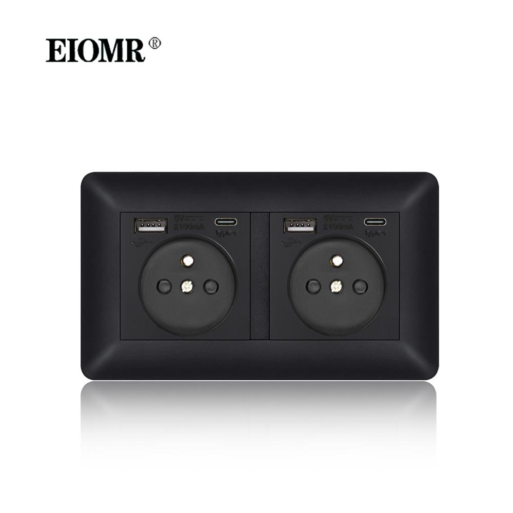 EIOMR France Standards Grounded Wall Socket 16A 250V with USB and Type-C Port Quality Curved Flame Retardant Panel Power Socket