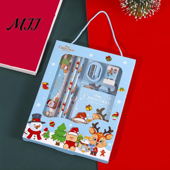 Cute Stationery for School 6PCS Christmas Set, Include Pencils Ruler Sharpener Eraser Pencil Case Gift Sets And Notepad, Cartoon Patterns Print