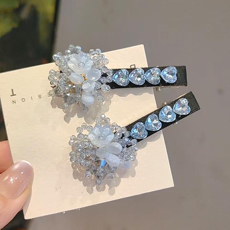 Vintage Korean Blue Crystal Flower Hair Clip - High-End Shiny BB Clip for Bangs and Sides