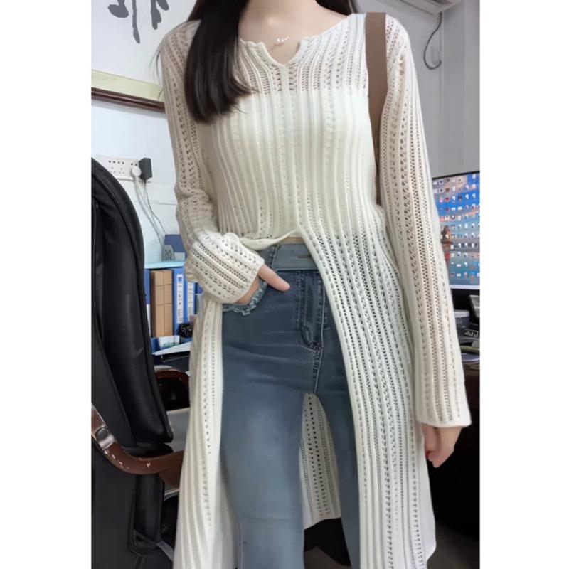 Elegant V-neck Hollow Knitted Long Sweater Dress Women Fashion High Split Spring Summer Casual Simple Solid  Sunscreen Thin Blouse See Through Dresses