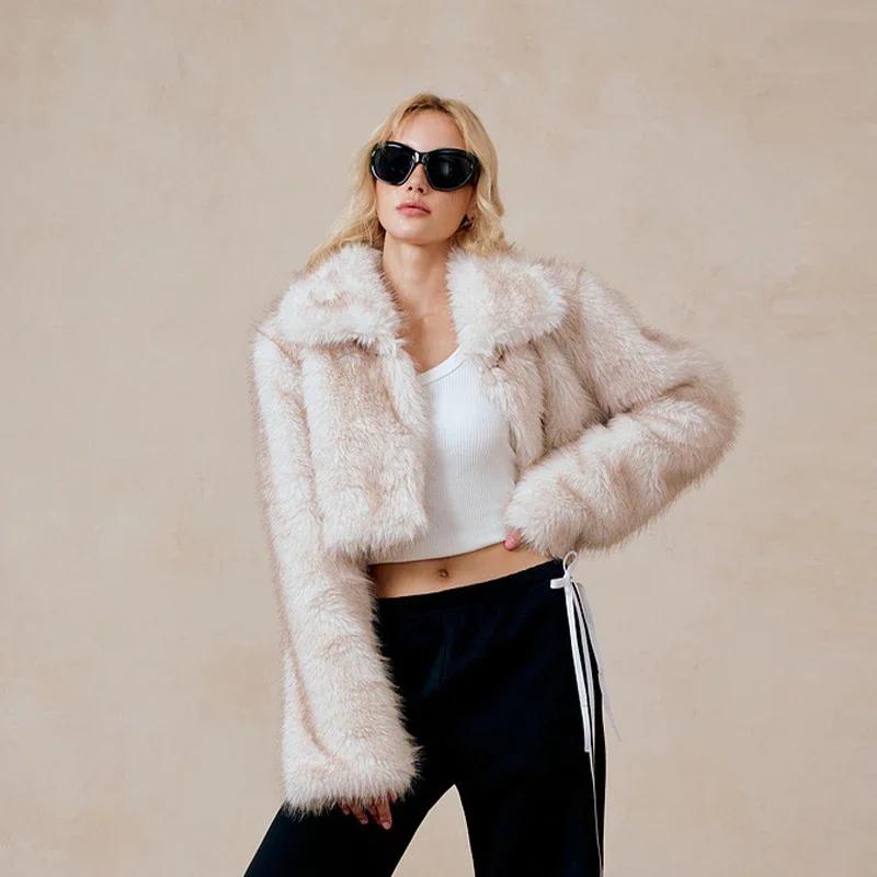 Luxury Fluffy Faux Fur Coat Women Cropped Turn Down Collar Jacket Fashion Thick War Outerwear 2024 Lady New Streetwear Overcoats