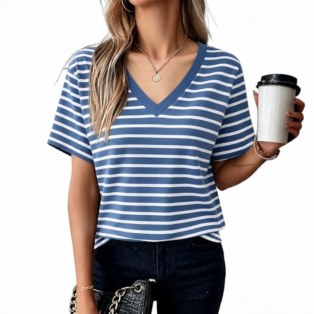 Women’s Short Sleeve V Neck Striped T Shirt Basic Summer Blouse Casual Loose Fit Lightweight Top for Daily Wear