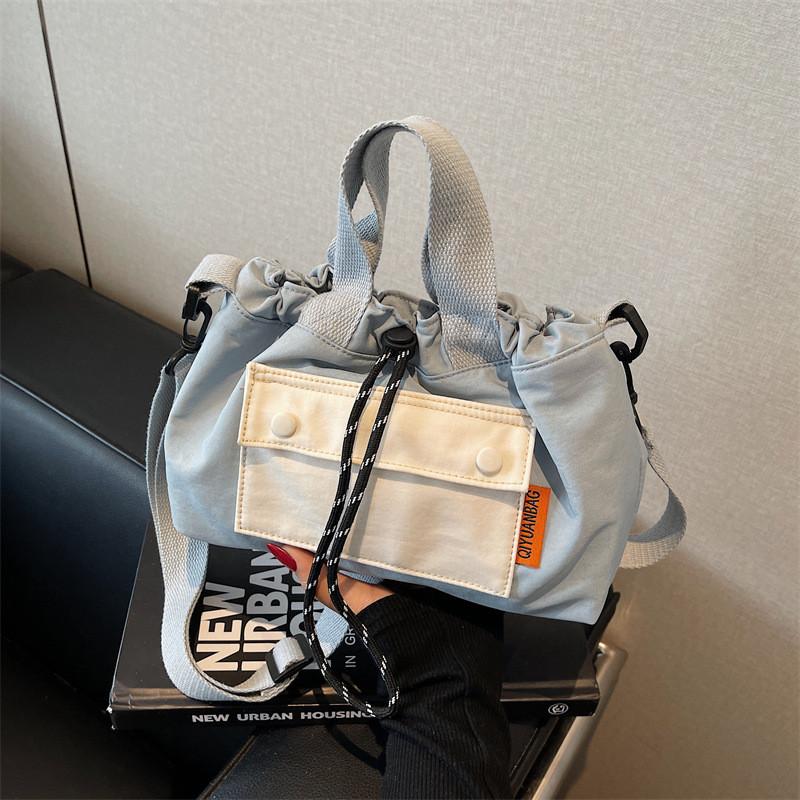 Fashion Color Blocking Design Neutral Drawstring Canvas Shoulder Crossbody Bag For Casual Girls Daily Use