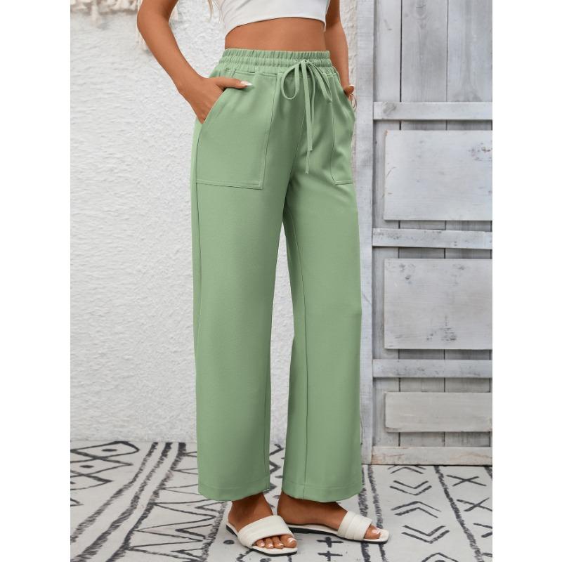 Summer New Women's Casual Drawstring Flowing Trousers Wide Leg Pants with Pockets