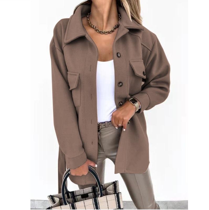 

Однобортная однотонная рубашка с осенним воротником, шерстяная свободная куртка M кофейный