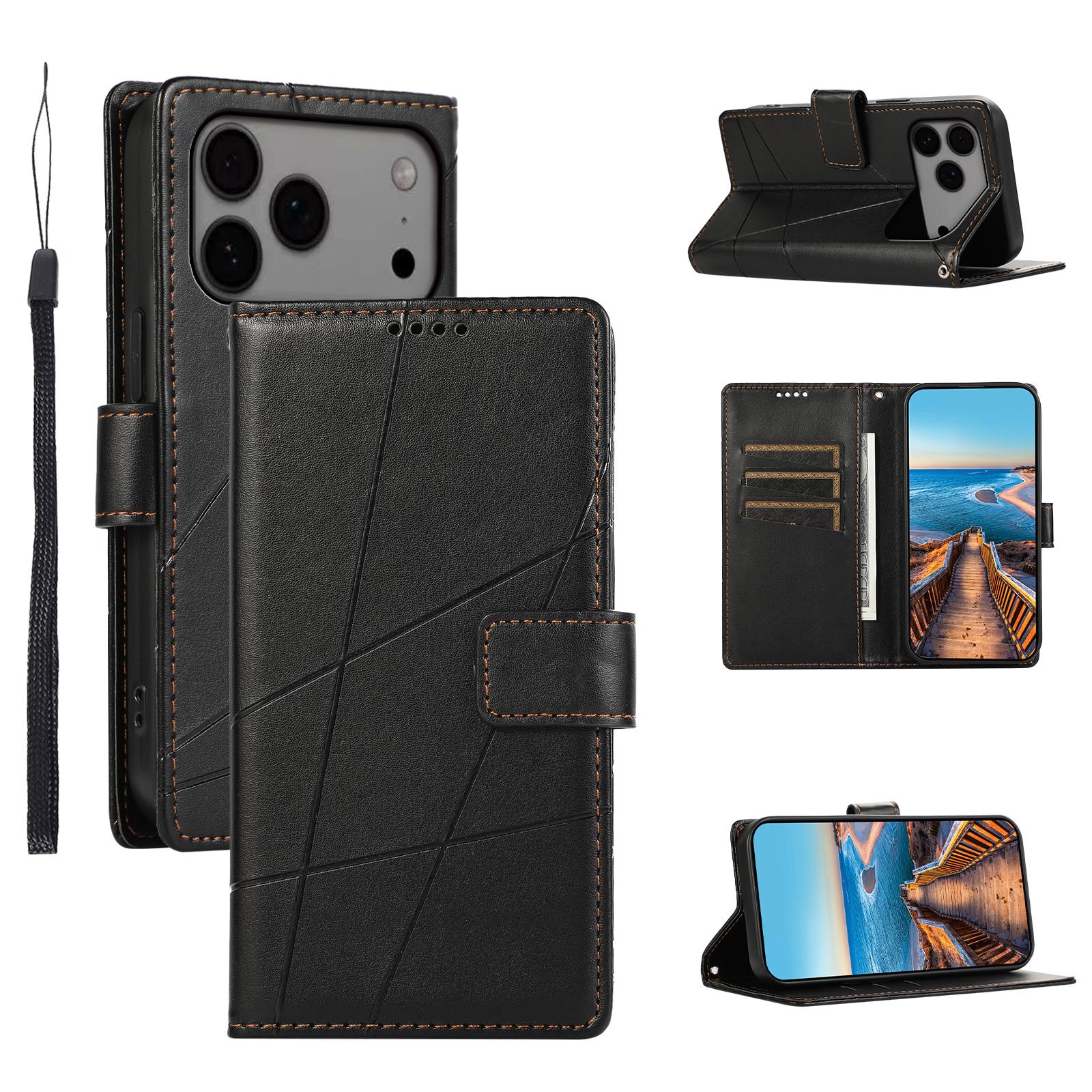 

For iPhone 17 Pro Max Phone Case Line Imprint Leather Wallet Cover with Wrist Strap Black