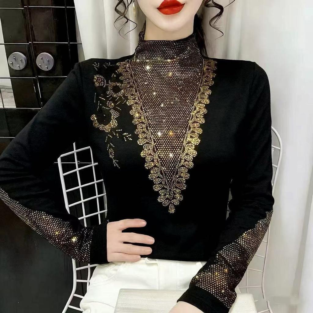 Women's Fleece-Lined Base Shirt Autumn/Winter Rhinestone Soft Warm Slim-Fit Stretchy Base Shirt Top