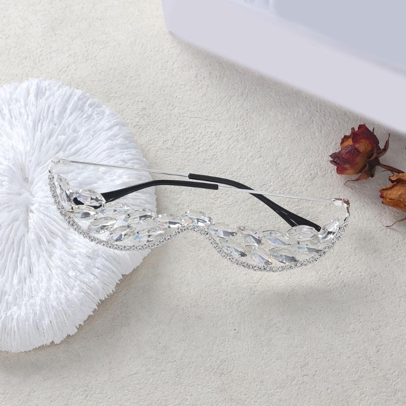 Half Frame Rhinestones Glasses Face Jewelry Crystal Eyeglasses Without Lens V Shape Rhinestones Sunglasses for Women Men