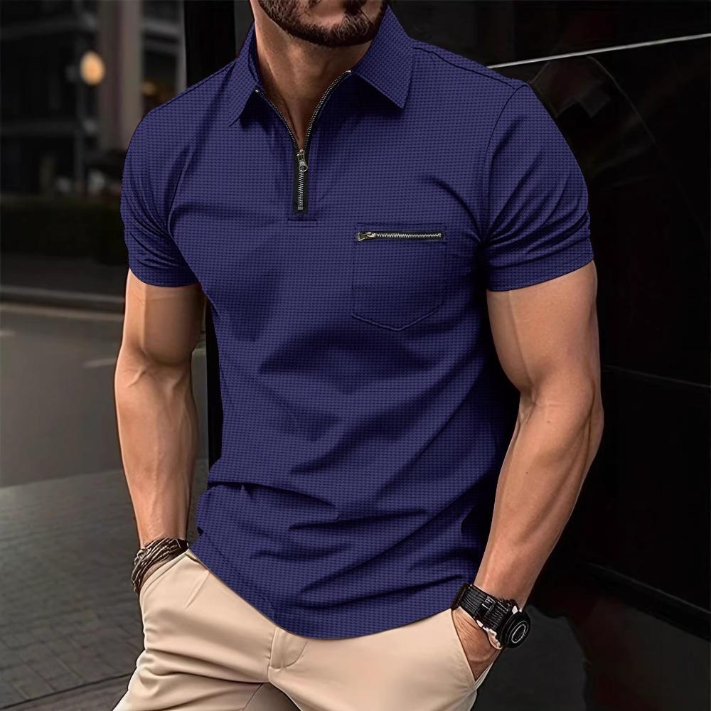 New Waffle-Pattern Men's Polo Shirt with Pocket and Turn-Down Collar