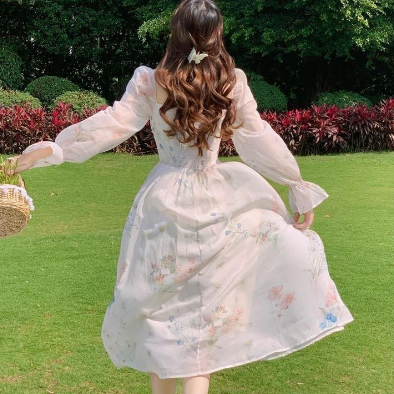 Autumn Women's Floral Chiffon Sweet Gentle Style Long Sleeve French Princess Dress