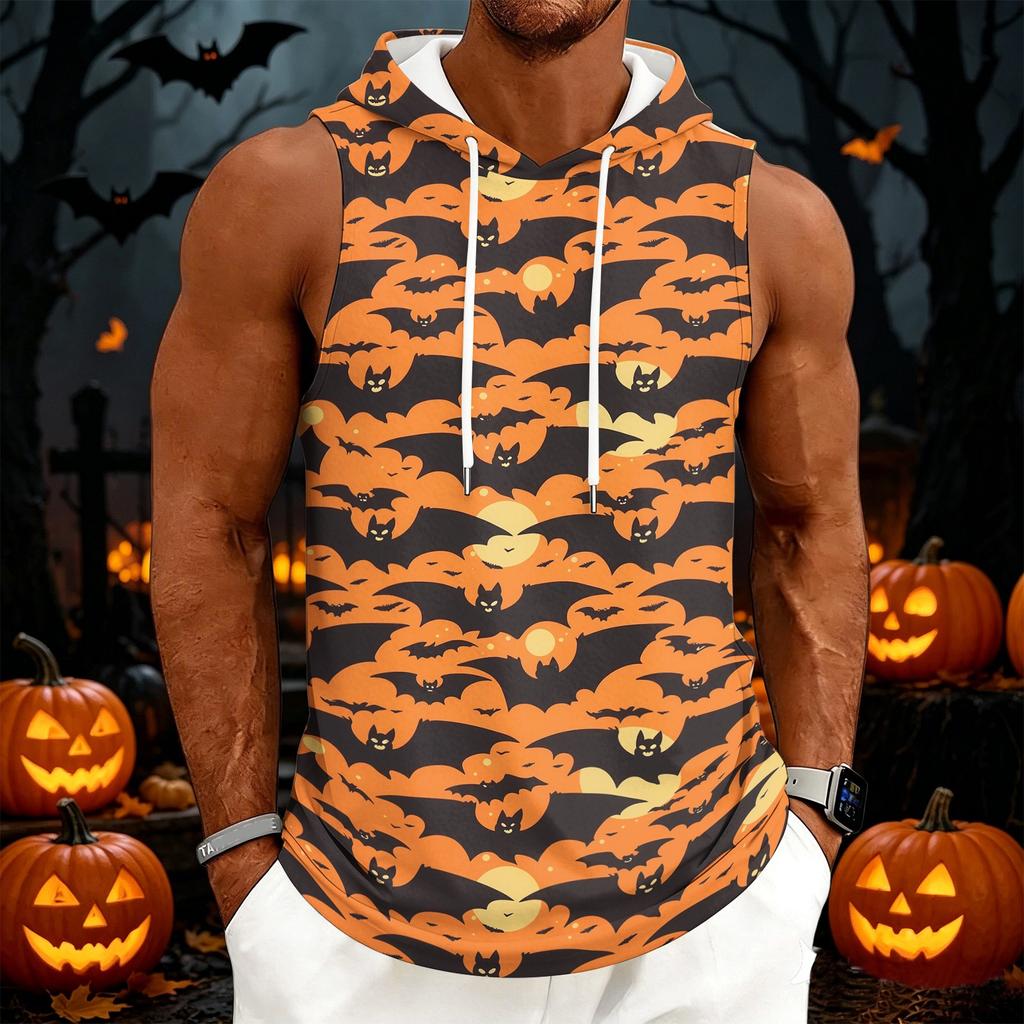 Men's Halloween Costume Hooded Vest, Sleeveless Drawstring Print Pullover for Party and Daily Wear
