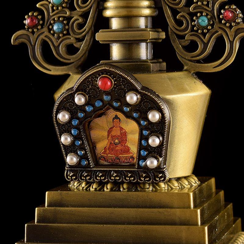 Bronze Tibetan Stupa Tantric Engraved Pearl Inlaid Gem Shiri Buddhist Statue Alloy Handicraft Altars Indoor Desktop Decorative