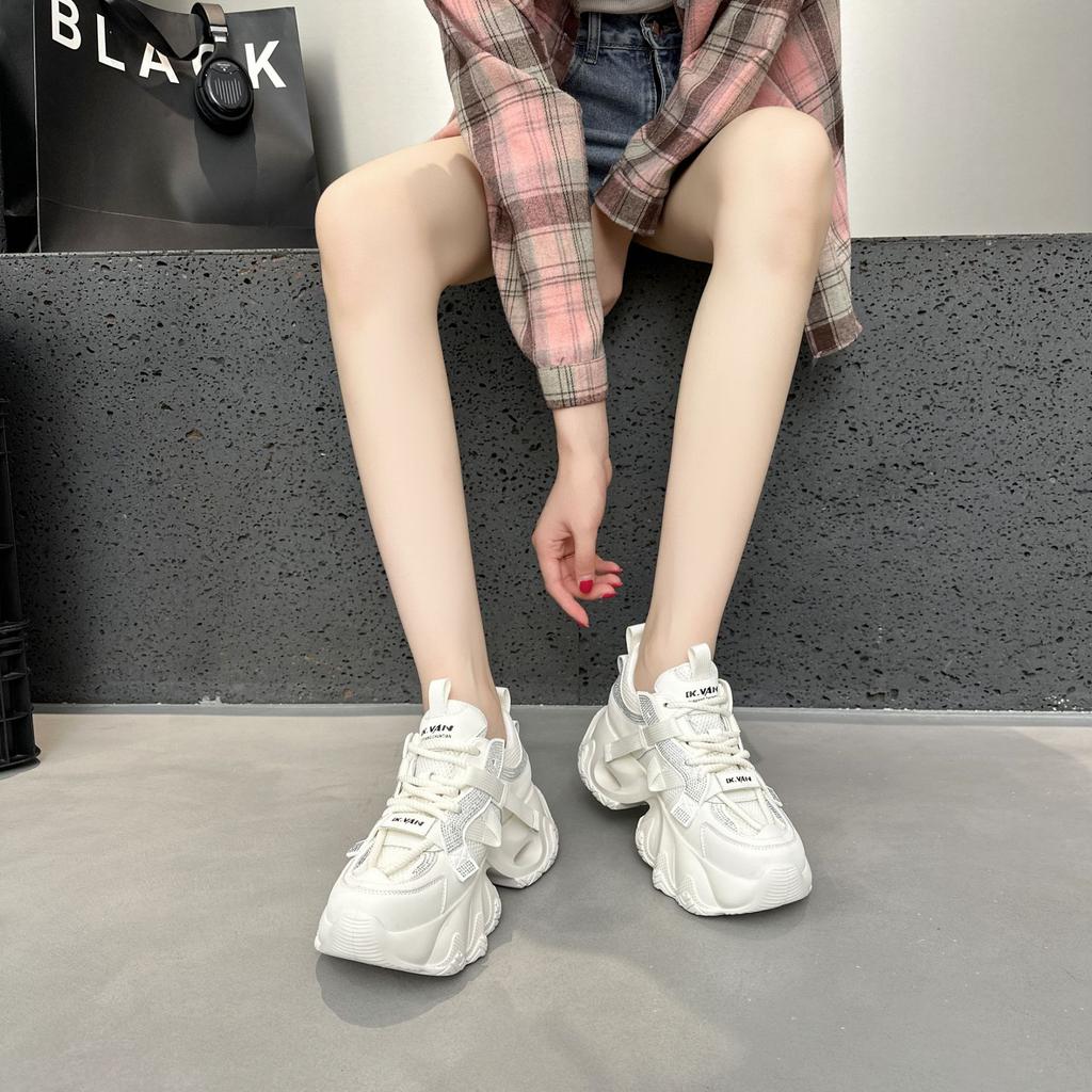 Leather platform mesh dad shoes women's 2025 summer new breathable hollow rhinestone small casual sports shoes