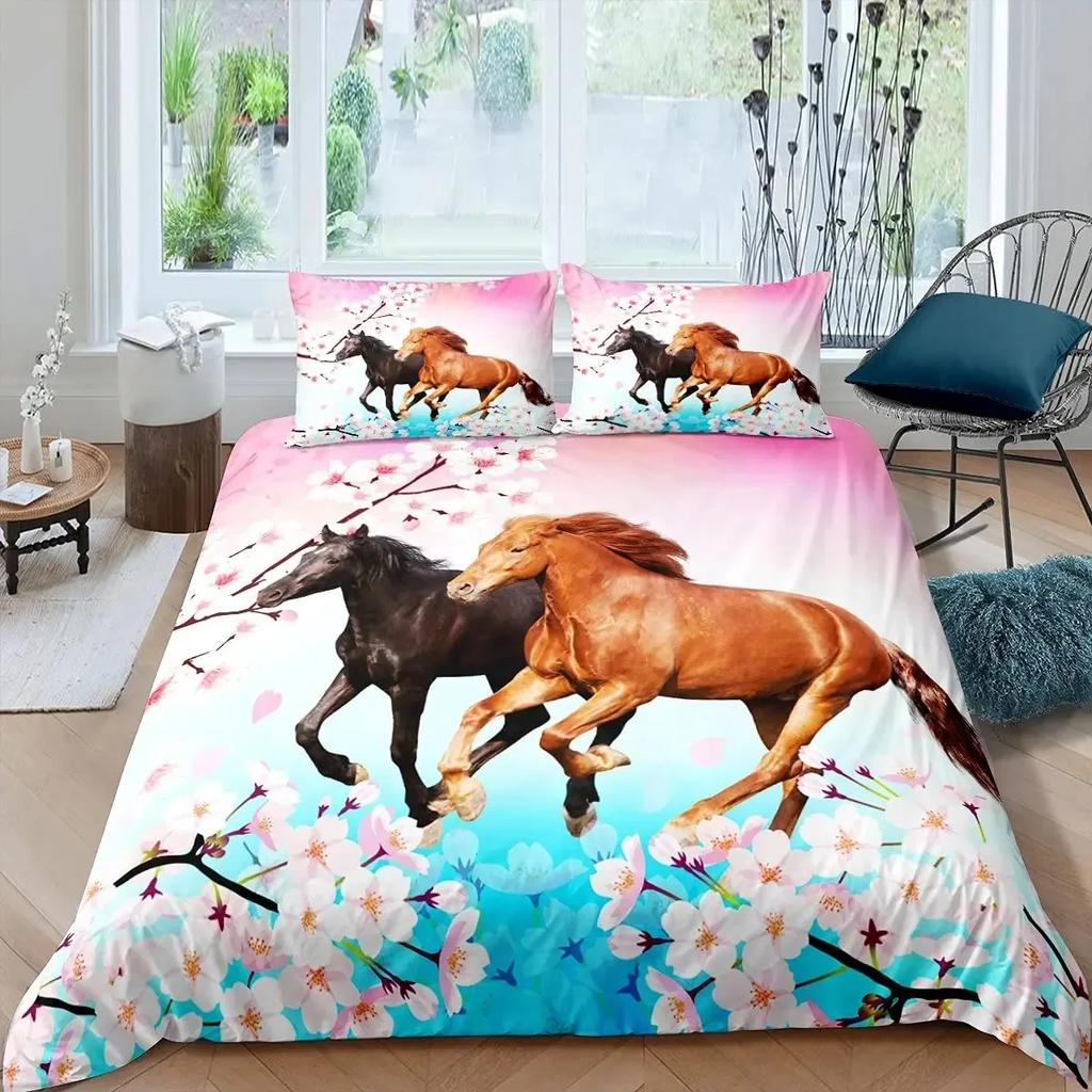 Dominierendes galoppierendes Pferd Gedrucktes Bettbezug-Set 3D Luxus Bettwäsche-Set mit Kissenbezug Schlafzimmer Bettdeckenbezüge Queen-Size