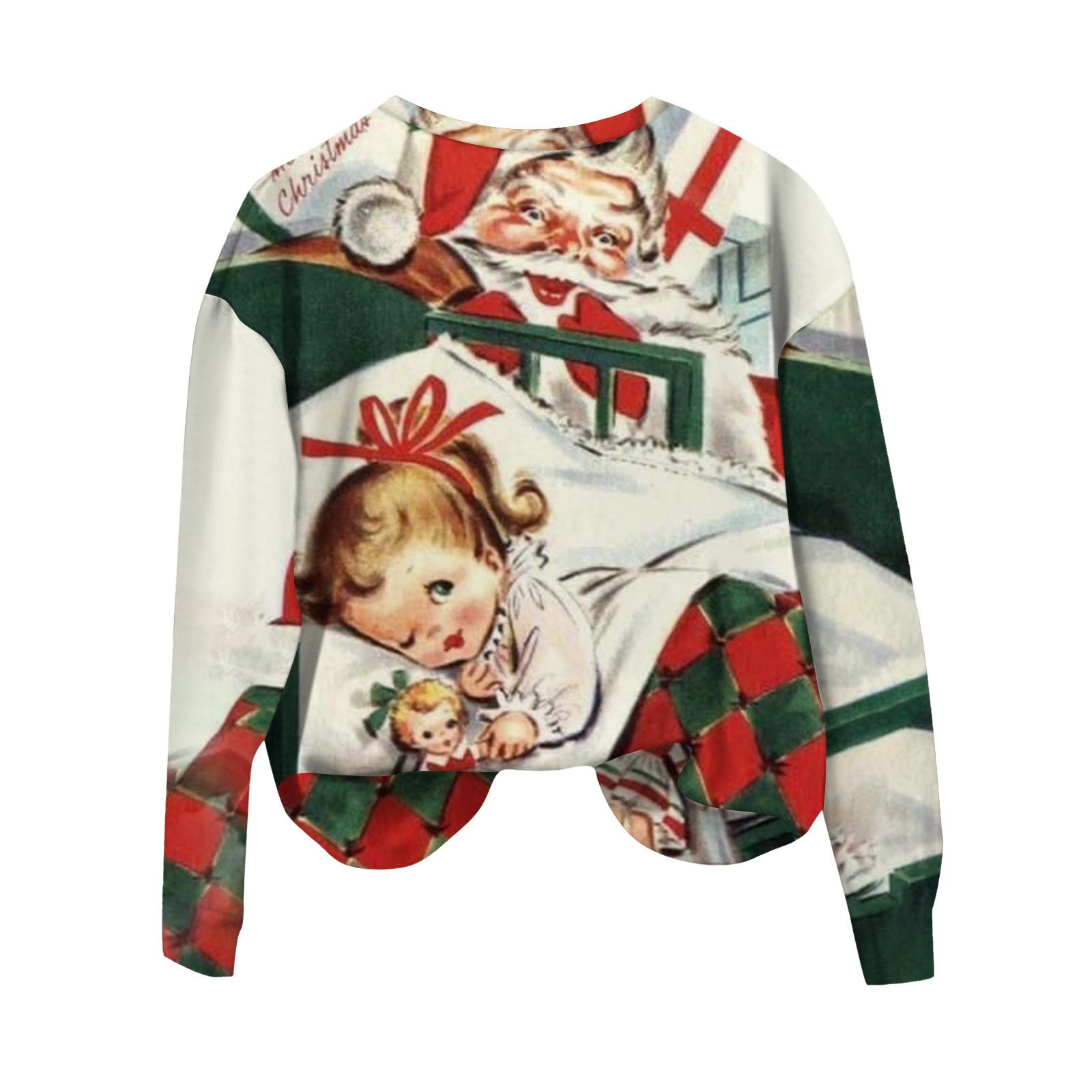 Женская повседневная мода рождественский принт длинный рукав O-образный вырез пуловер — фото 4