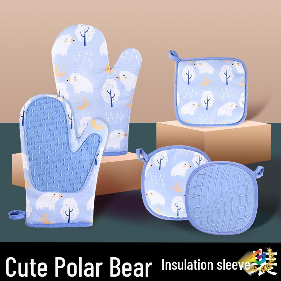 Polar Bear Pattern Silicone Heat-Resistant Kitchen Gloves and Pot Holders Set