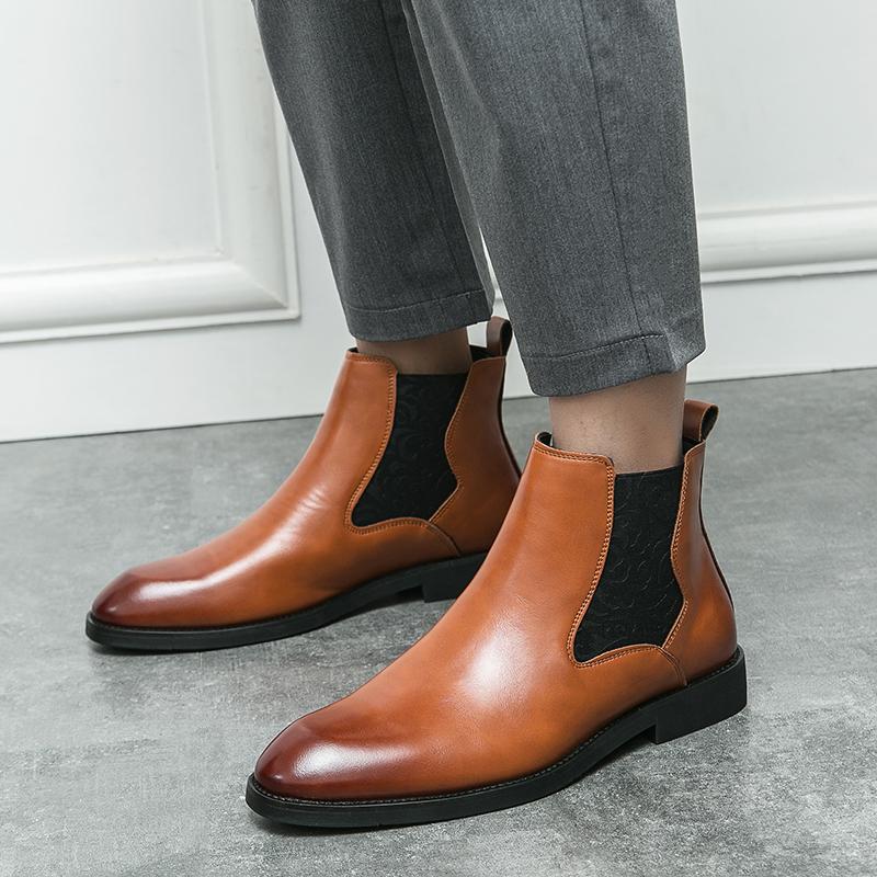 Briish Style Elastic Band Carving Chelsea Boots for Men Ankle Business Round Toe Mens Boots Free Shipping Size 38-46 Men Shoes