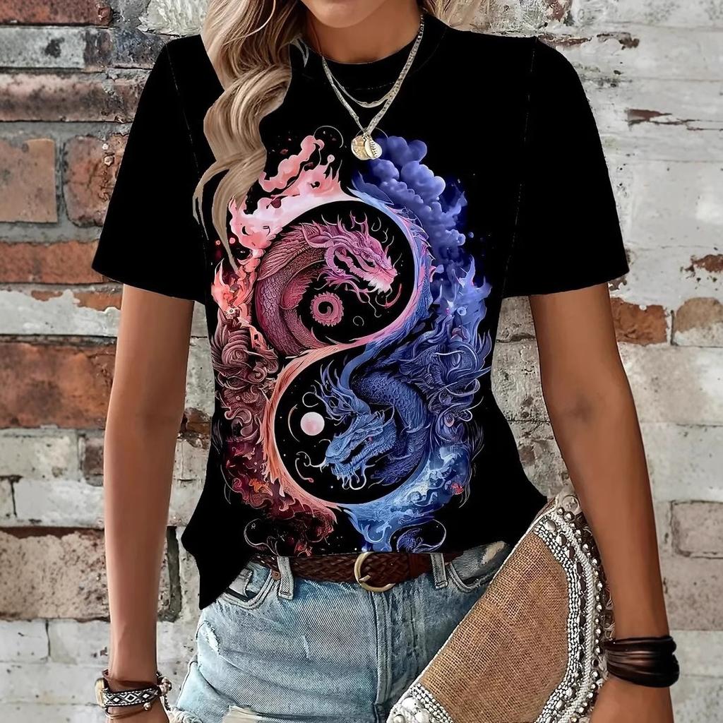 Fashionable Simple Versatile Painting Colortly 3D Printed Round Neck Short Sleeved T-Shirts Soft Comfortable Loose Breathable Plus Size Womens T-Shirt