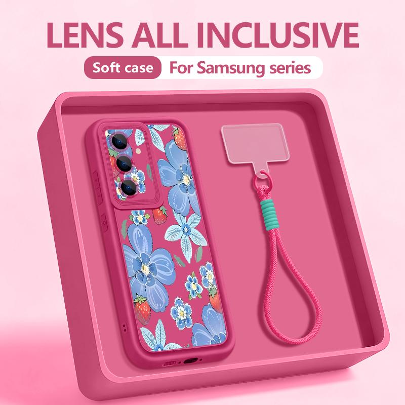 Pink Cartoon Floral Hand Strap Case For Samsung S26 S25 Ultra S24 FE S23 Plus S22 S21 A15 A16 A17 A35 A36 A37 A54 A55 A56 A57 5G Bumper Cover