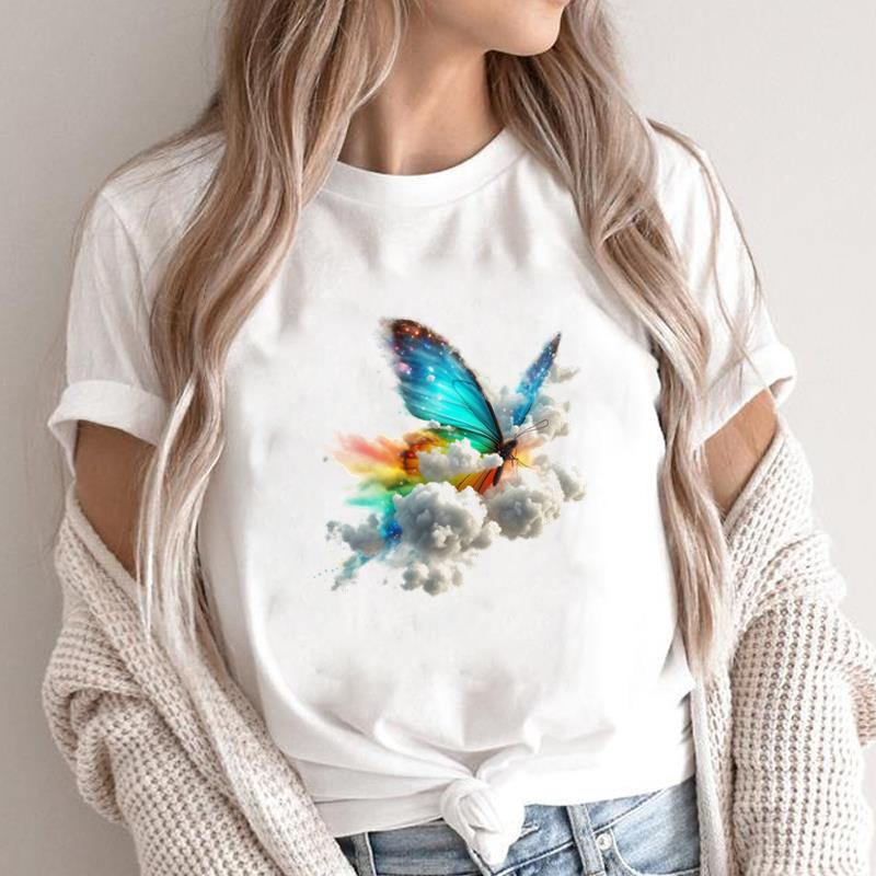 (Asian Size) Lovely Butterfly 90s Print Fashion Female Short Sleeve T-shirts Women's Top T Clothing Casual O-neck Graphic Tee