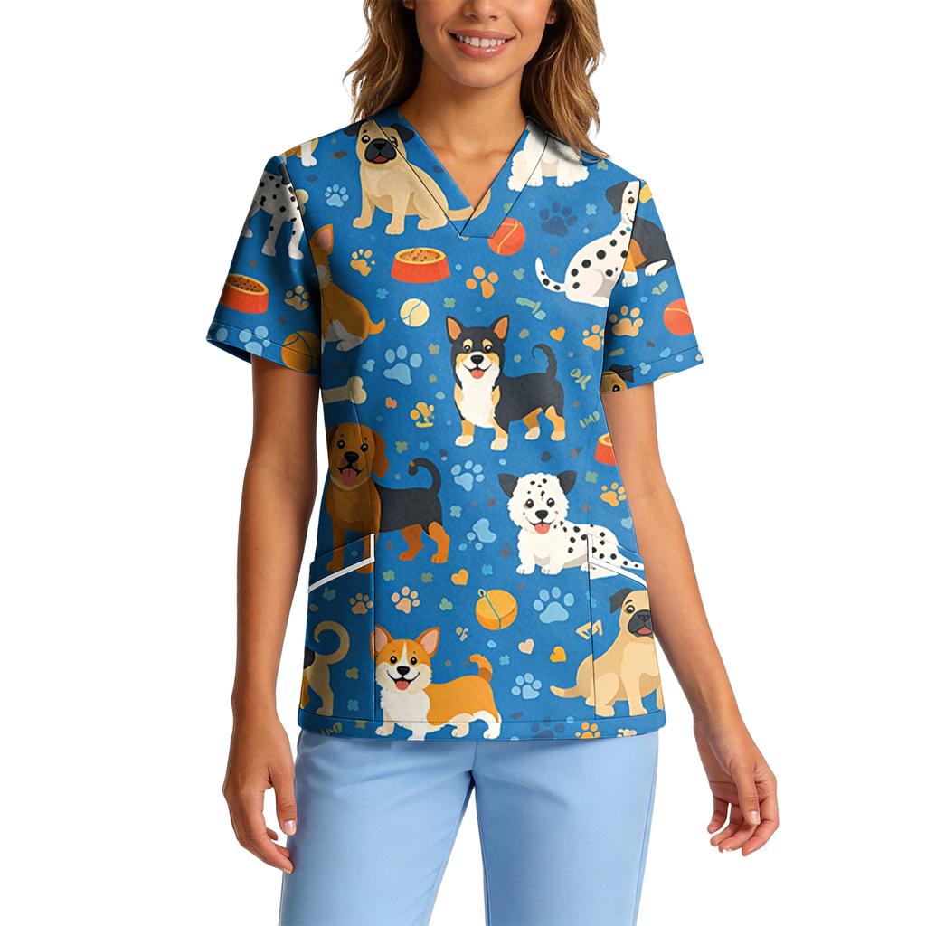 Top de Trabalho Feminino com Gola V de Manga Curta, Stretch e Secagem Rápida, com Estampa Animal e Bolsos