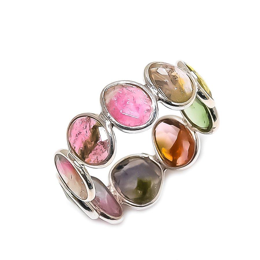 Natural Watermelon Tourmaline Gemstone 925 Sterling Silver Infinity Ring Size 7.5