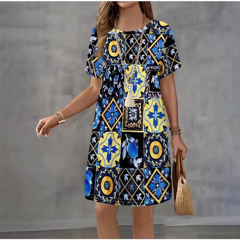 Summer Ladies 3D Printed Short Sleeve Dress Fashion Versatile Trend Breathable Casual
