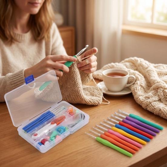 Crochet Hooks Set for Beginners Metal Set, Includes Yarn Needles Stitch Markers Tape Measure, with Essentials Projects Storage Case, Soft Rubber