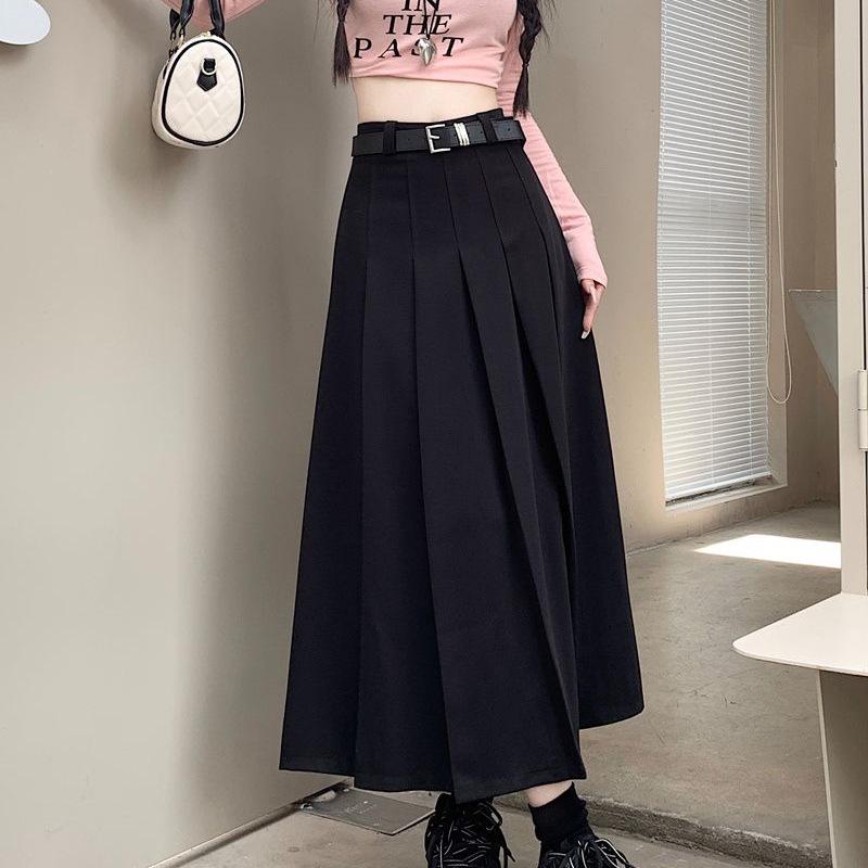 Women's Pleated A-Line Long Skirt, High Waist, Slim, Academy Style, Gray or Black, Autumn