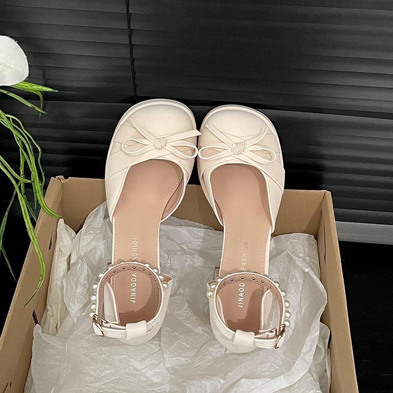 Fashion Hot Selling French Bow Block Heel Mary Jane Shoes Women's 2025 Spring and Summer Round Toe Shallow Mouth One Buckle Beaded Heels