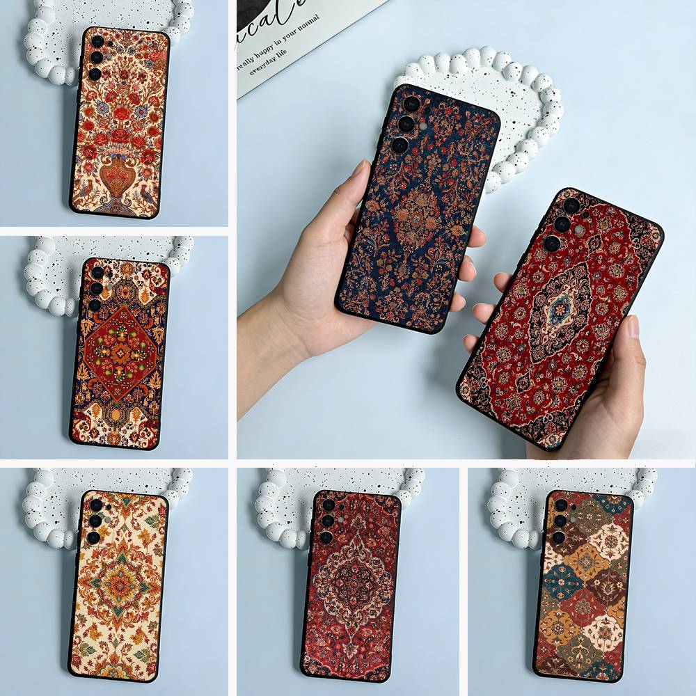 Persian Carpet Floral Pattern Black Soft Silicone Phone Case for Samsung S25, S24, S21, S22, S23, S30, Ultra, S20, Plus, Lite