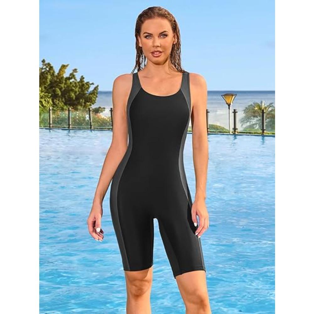CHARMLEAKS Einteiliger Sport-Badeanzug für Damen, Pro Sports-Badeanzug, Boyleg Beach Wear, Farbblock