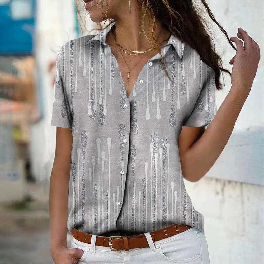 Elegant Women's Short Sleeve Shirts Casual Block Plaid 3D Printed Fashion Turndown Collar Basic Shirts Office Ladies Tops Blouse