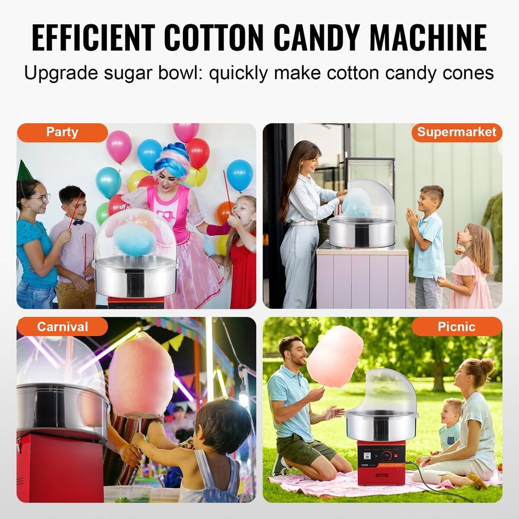 Electric Cotton Candy Machine, 1000W Candy Floss Maker, Commercial Cotton Candy Machine with Cover, Stainless Steel Bowl, Sugar Scoop, Drawer, Perfect