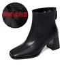 Soft leather thick heel short boots women's 2025 autumn and winter new velvet square head, medium heel soft sole retro temperament short leather bo