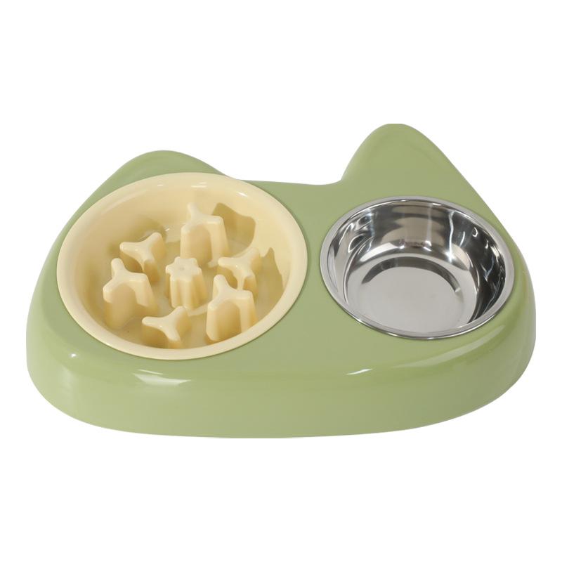 Cat Bowl, Anti-choking Slow Food Cartoon Size Cat Eye Double Bowl, Anti-slip and Easy-to-clean Stainless Steel Dog Bowl and Cat Drinking Bowl