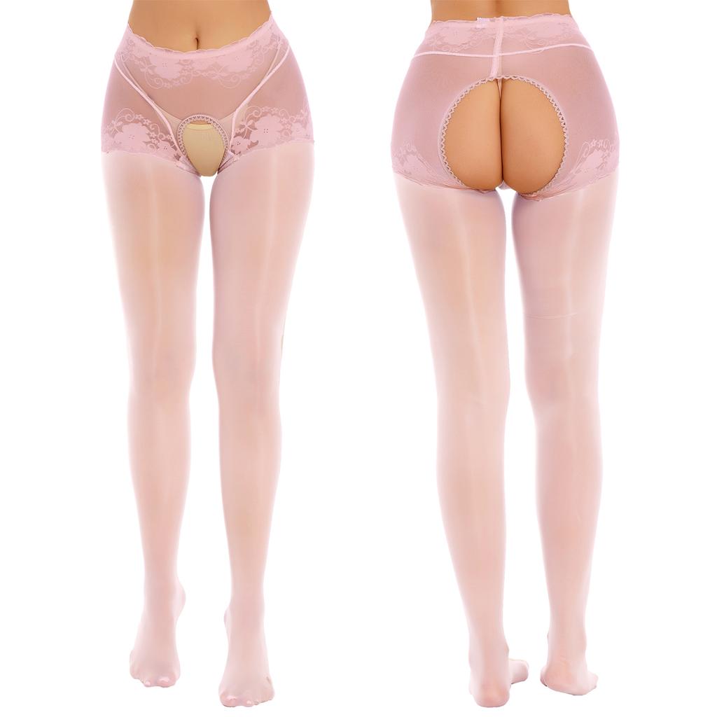 Womens Open Crotch Pantyhose See-Through Floral Lace Patchwork Stockings Leggings