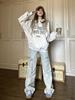 Women's Light Blue Low-Waist Wide-Leg Workwear Jeans with Big Pockets