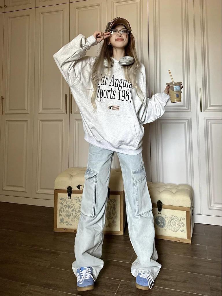 Women's Light Blue Low-Waist Wide-Leg Workwear Jeans with Big Pockets