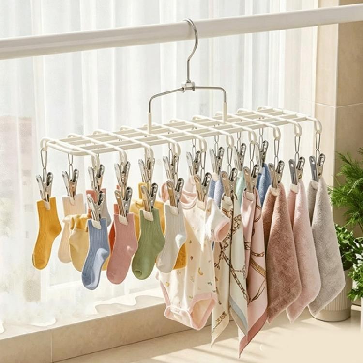 Balcony Laundry Hanger With 20 Clip Frame and Hanging Hook, Plastic Coated Drying Rack for Small Garments and Towels