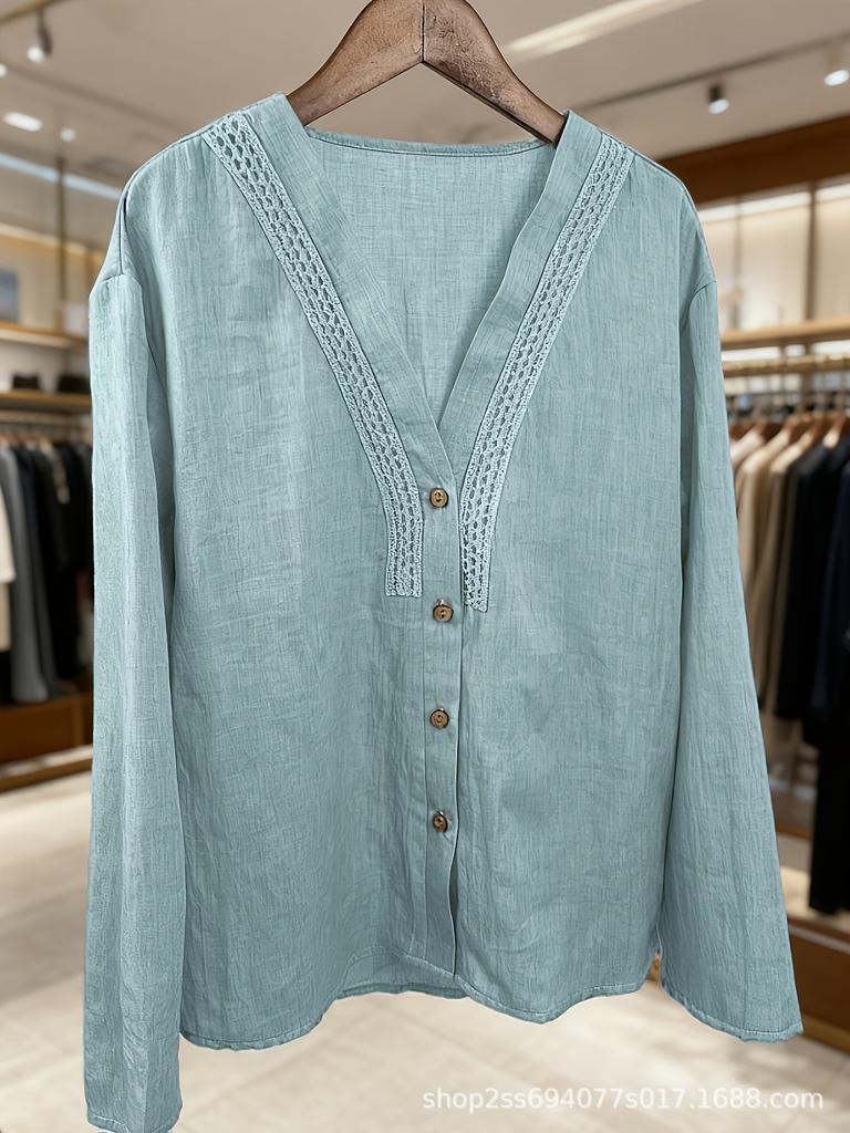 Women's V-Neck Linen Shirt: Casual Loose-Fit Long Sleeve Top for Spring & Autumn.
