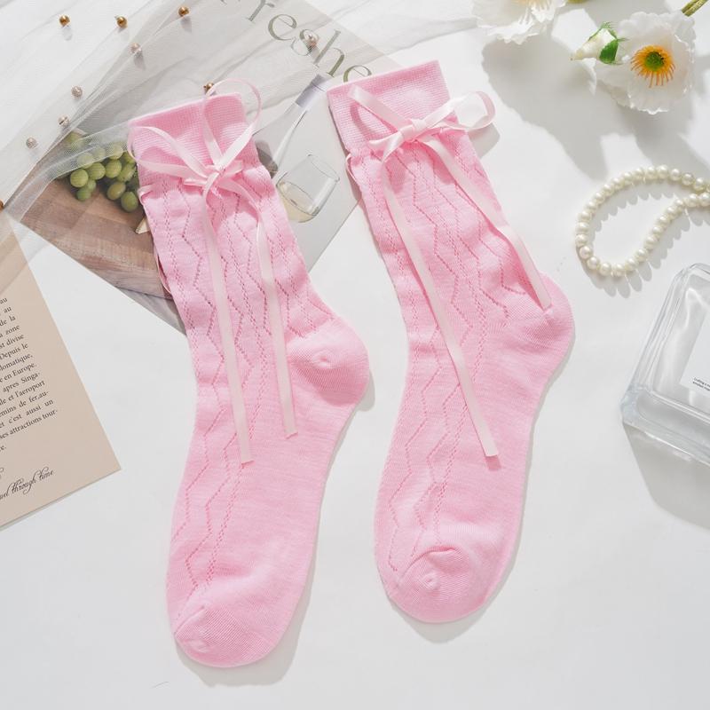 Lange Damen Socken Hohe Qualität Einfarbig Schleife Süße Socken Femme Netz Aushöhlen Niedlich JK Damen Ballett Bequeme Lockere Socken