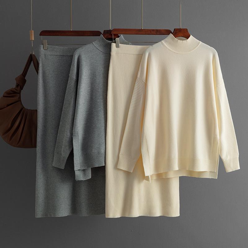 Women's sweater set autumn and winter new solid color semi-turtleneck sweater half-body hip skirt two-piece set